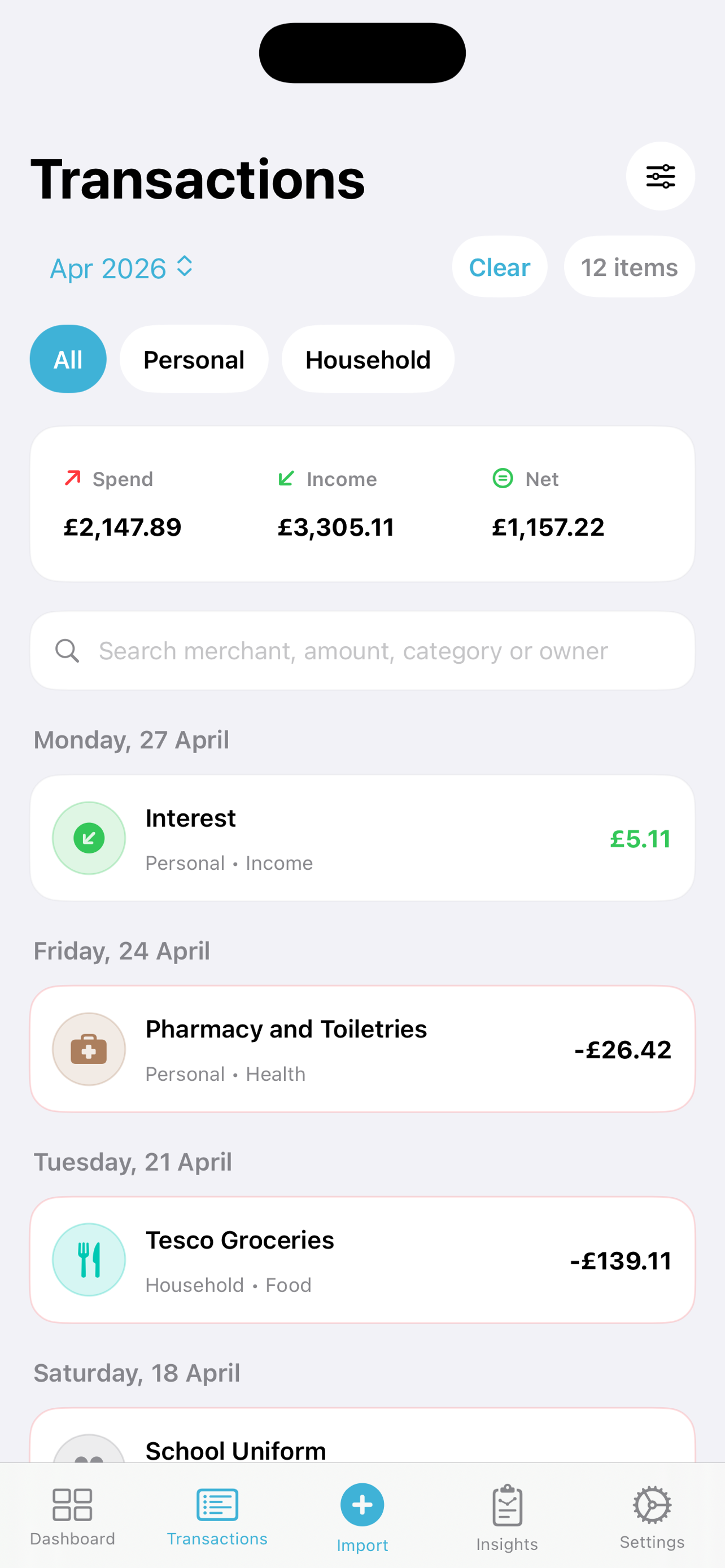 PennyPal transactions screenshot